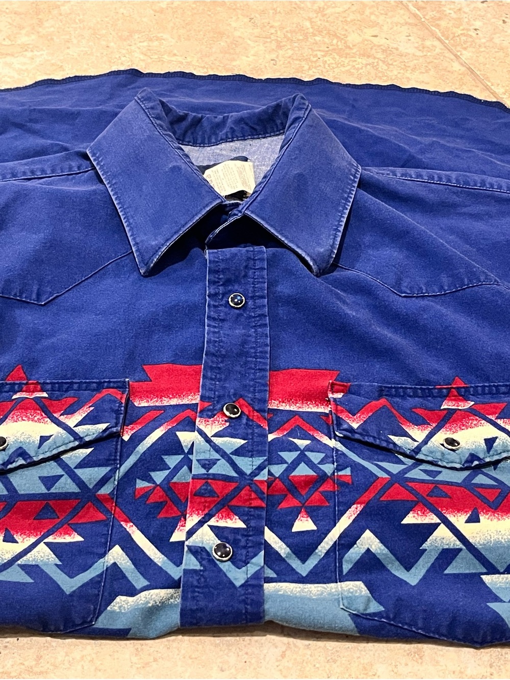 Wrangler TRUE Brushpopper Pearl Snap Blue Aztec Western Navajo XL EUC RARE - Picture 1 of 5